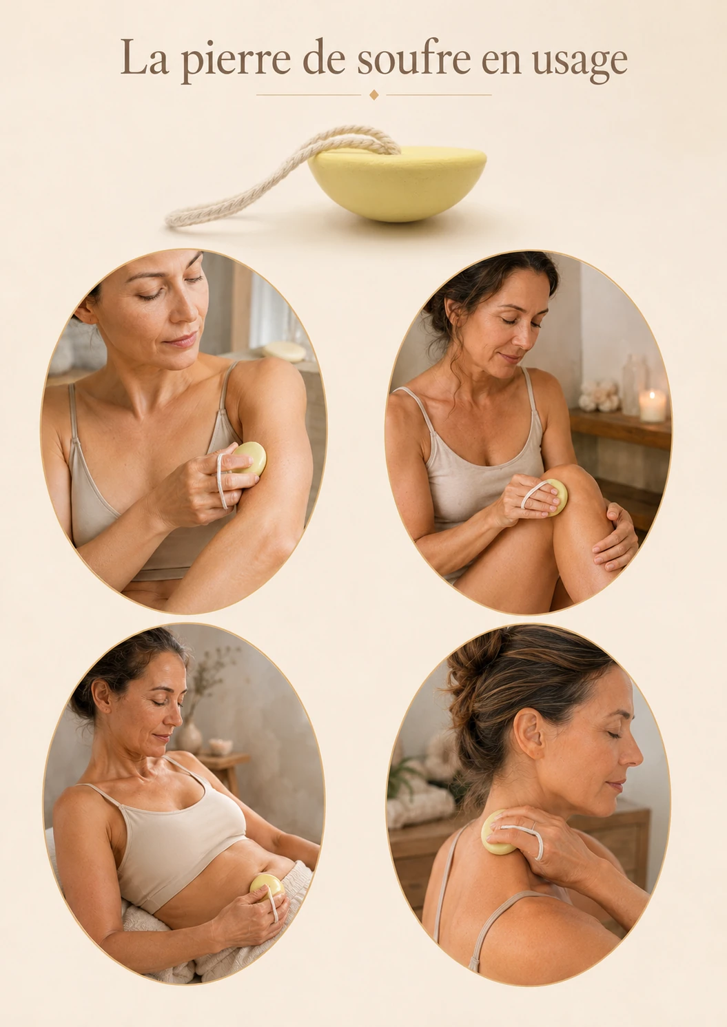 Diff&eacute;rents usages de la pierre de soufre de massage sur la tempe, le coude, la nuque, le genou et le ventre